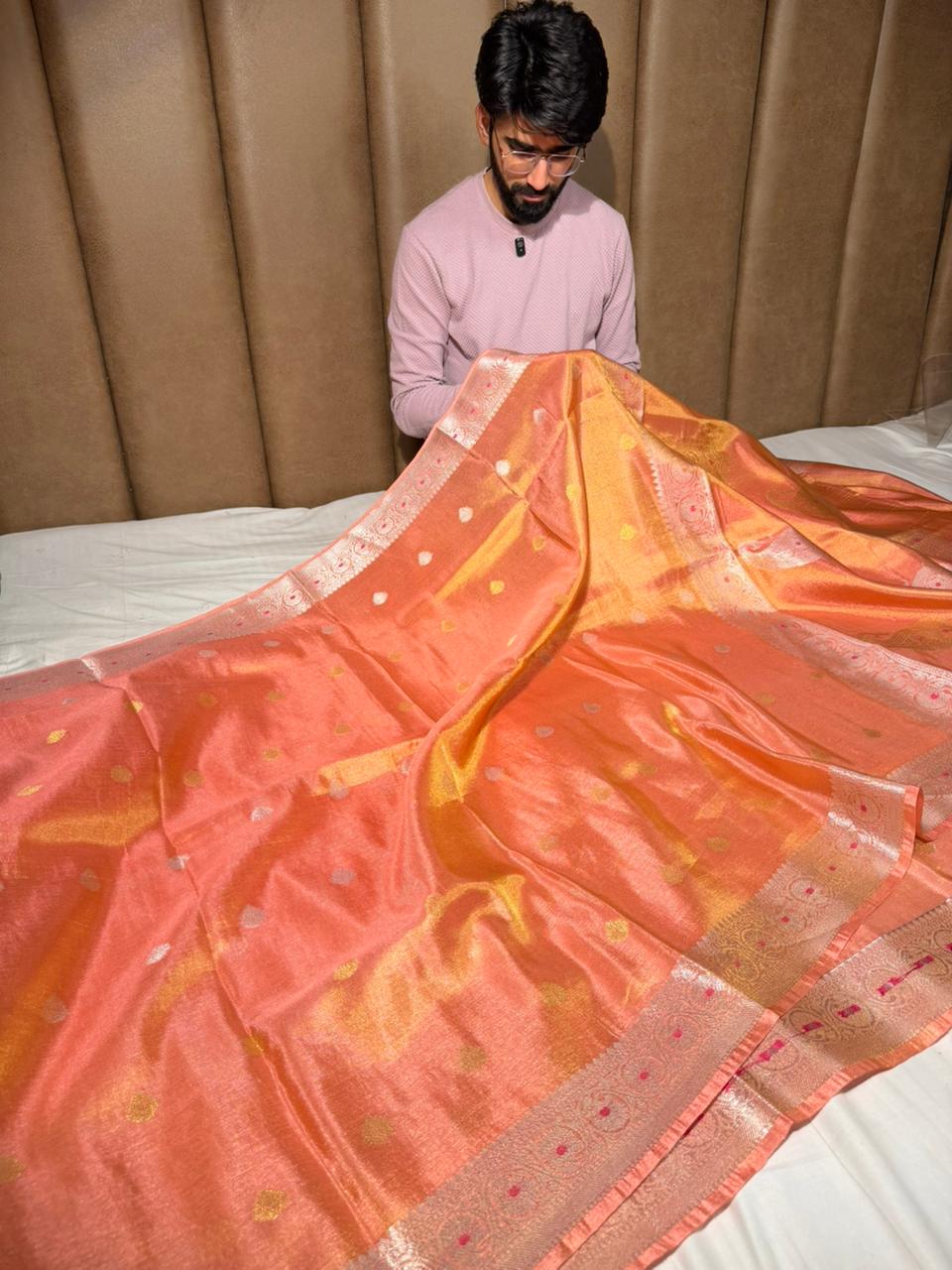 Mauve Peach Khaddi Buti Breathable Tissue Saree