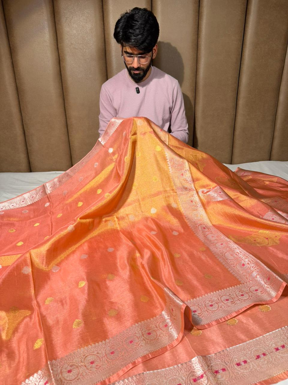 Mauve Peach Khaddi Buti Breathable Tissue Saree