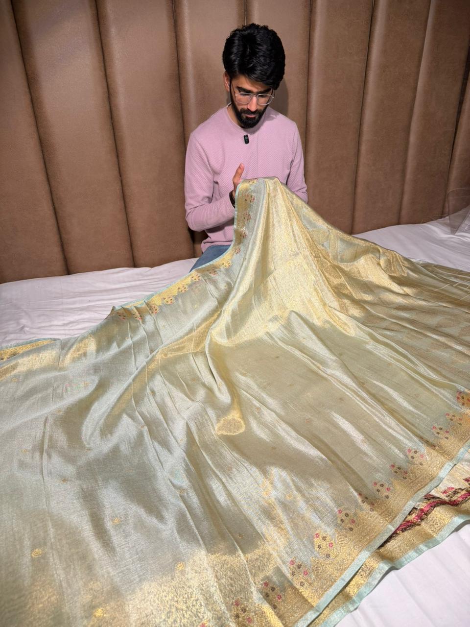 Sea Green Heritage Meenakari Soft Tissue Banarasi Saree