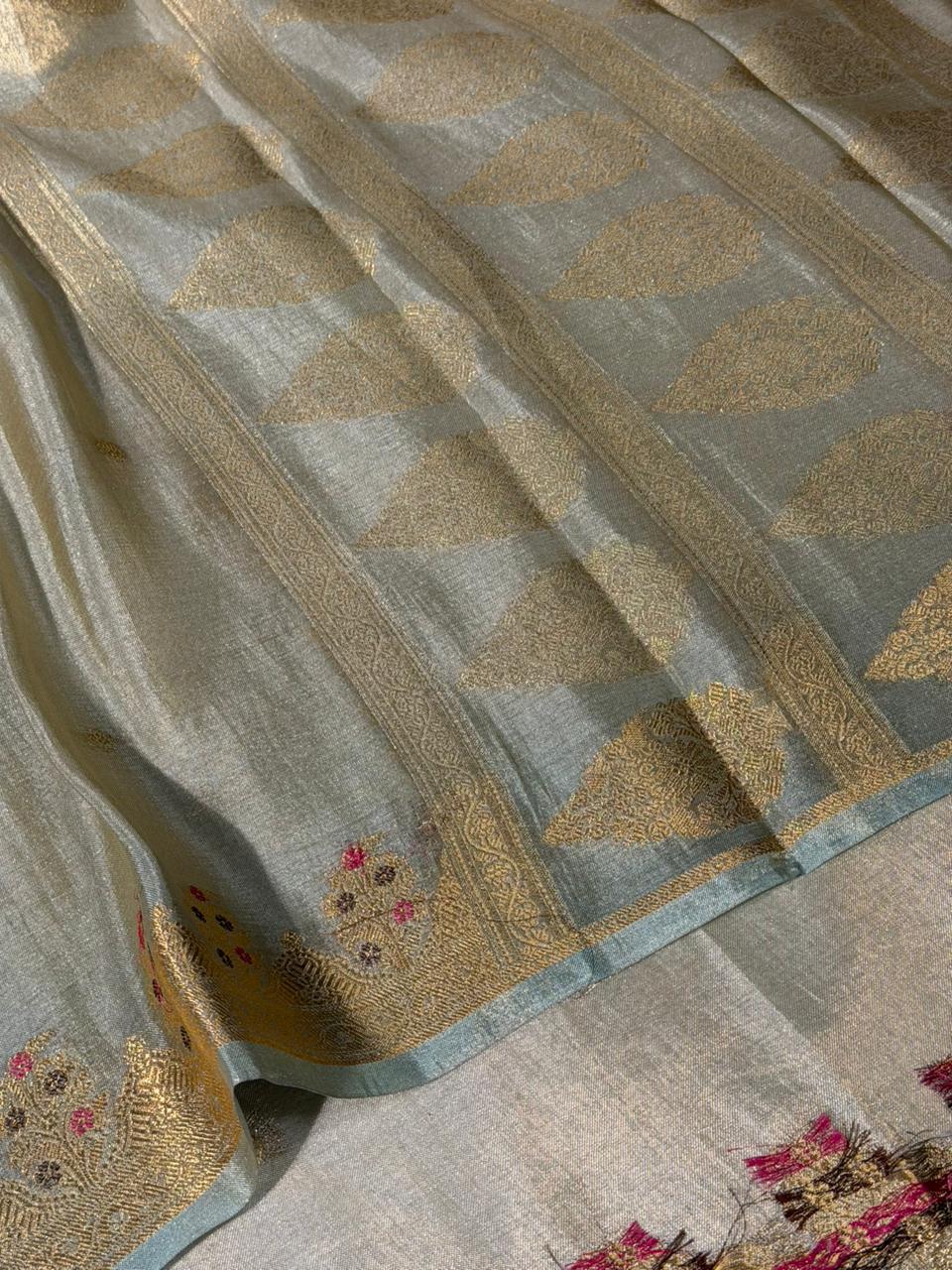 Sea Green Heritage Meenakari Soft Tissue Banarasi Saree