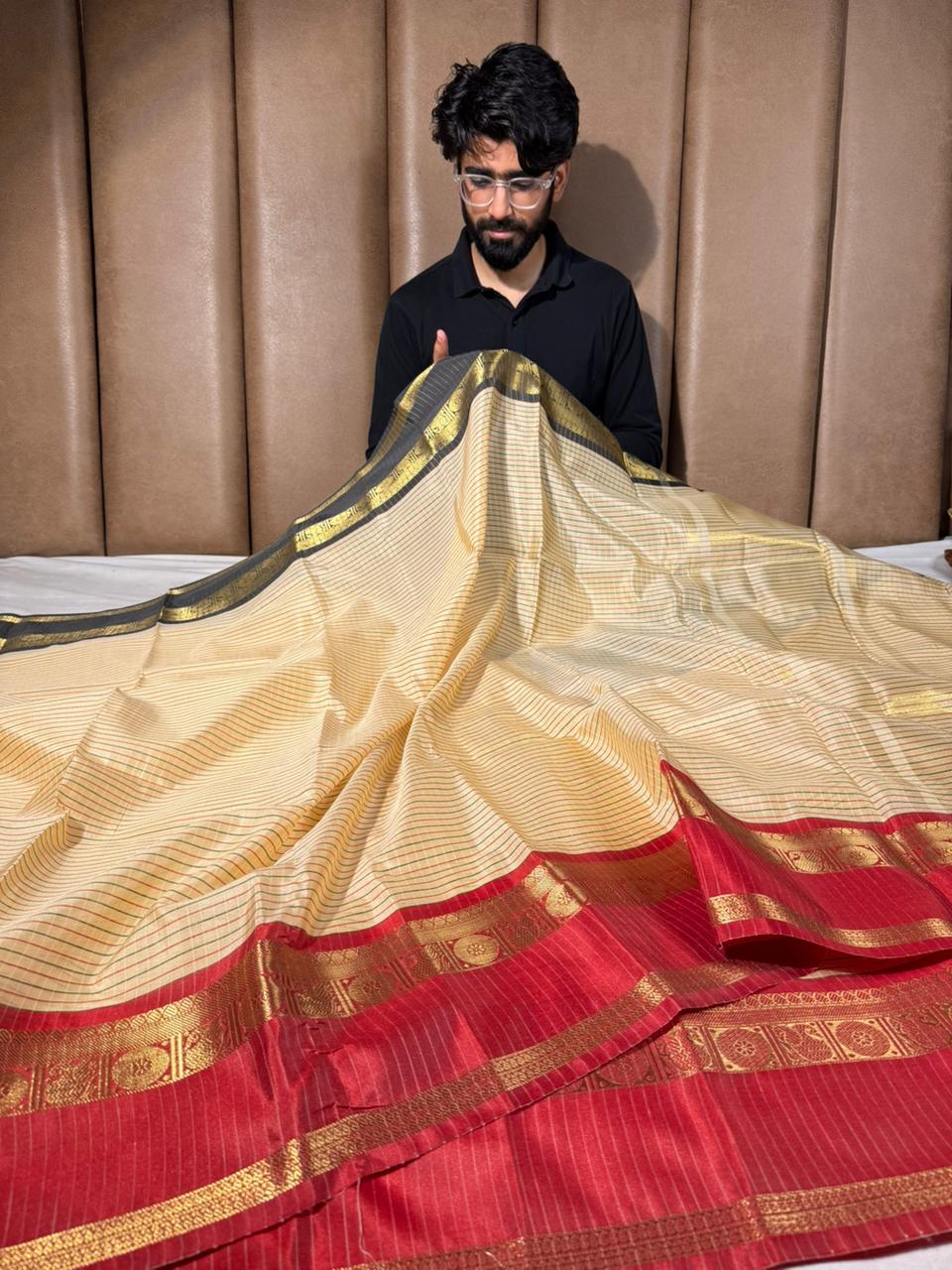 Light Cream Stripes Weave Cotton Banarasi Saree