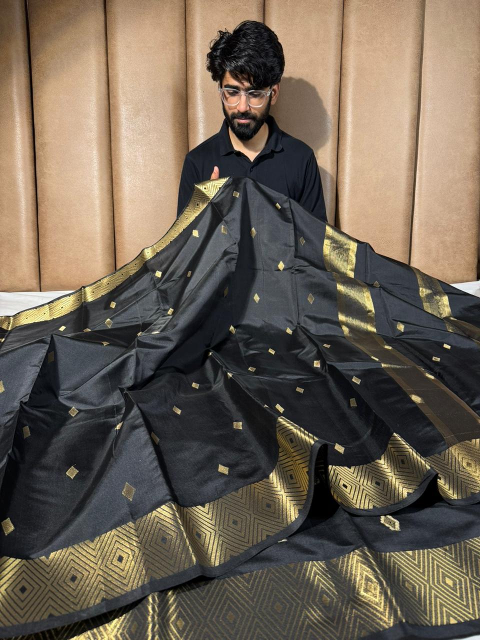 Jet black softsilk traditional Banarasi saree