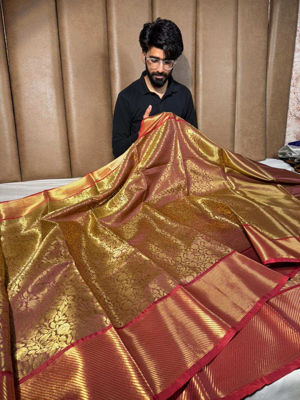 Coffee shade embossed kanjivaram tissue saree