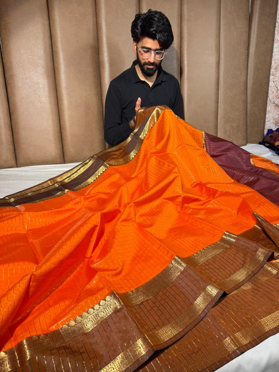 Bright orange checks weave cotton Banarasi saree