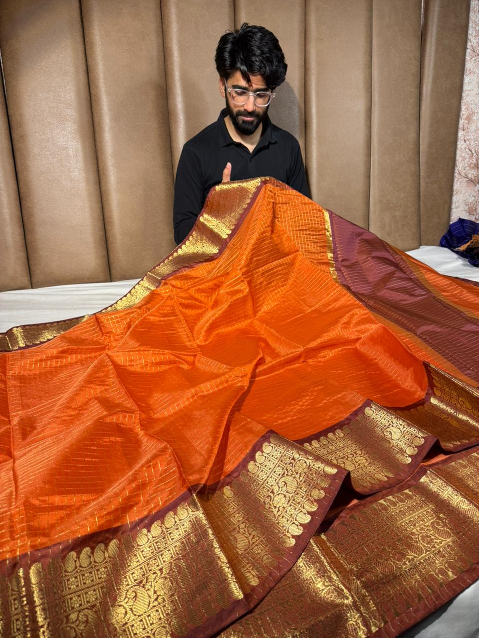Rust orange checks weave softsilk Banarasi saree