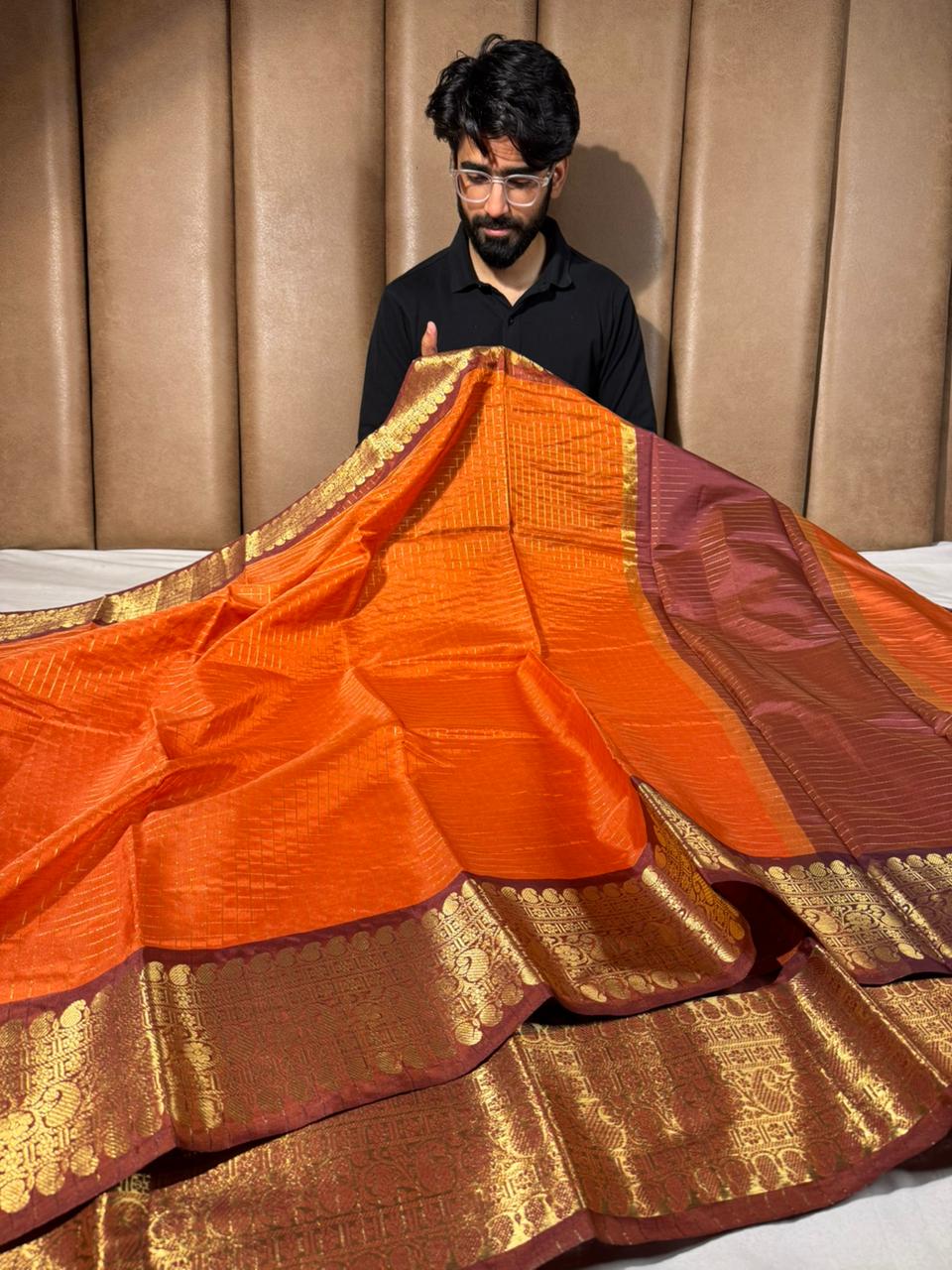 Rust orange checks weave softsilk Banarasi saree