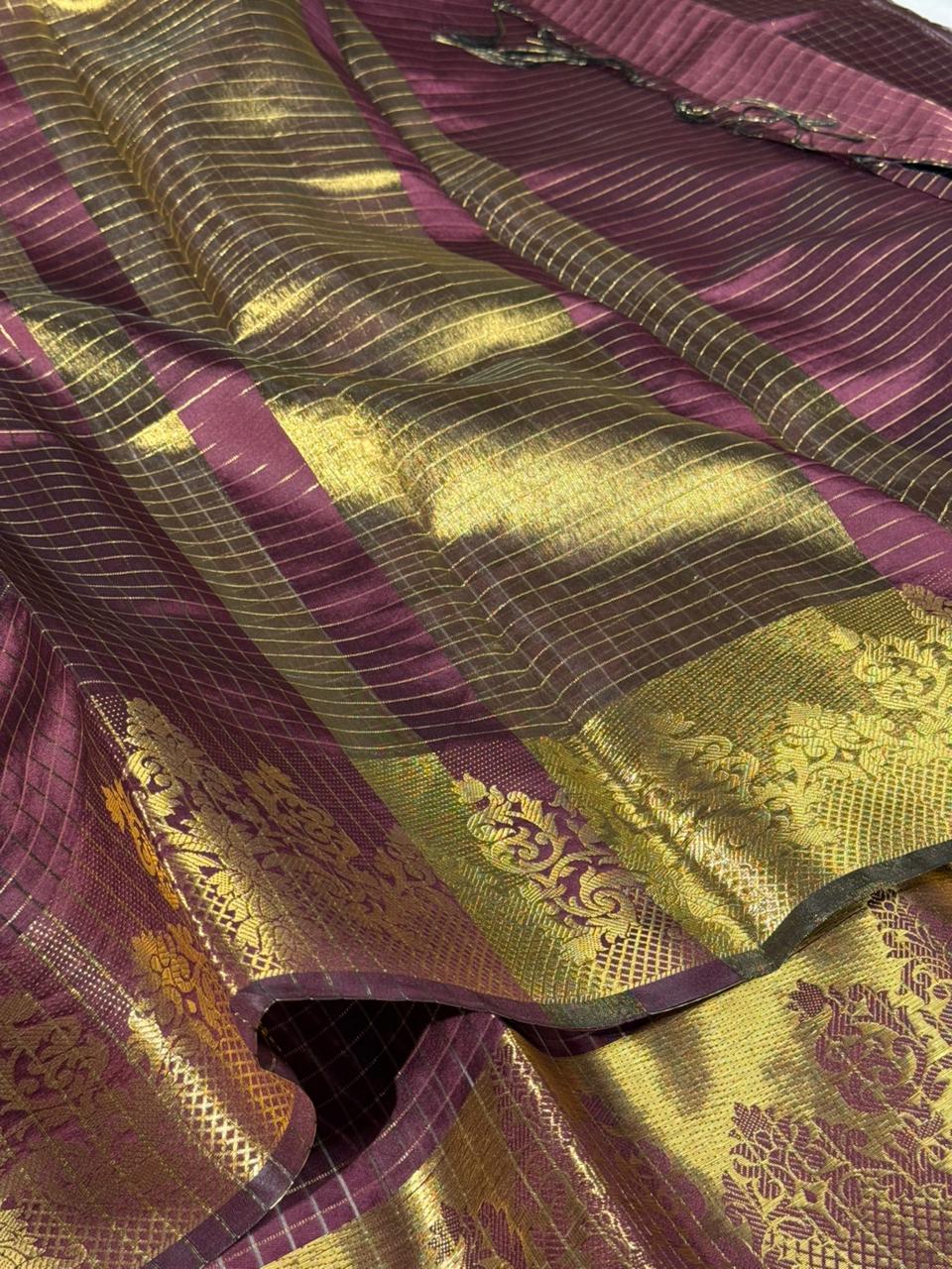 Rare wine checks Banarasi silk saree