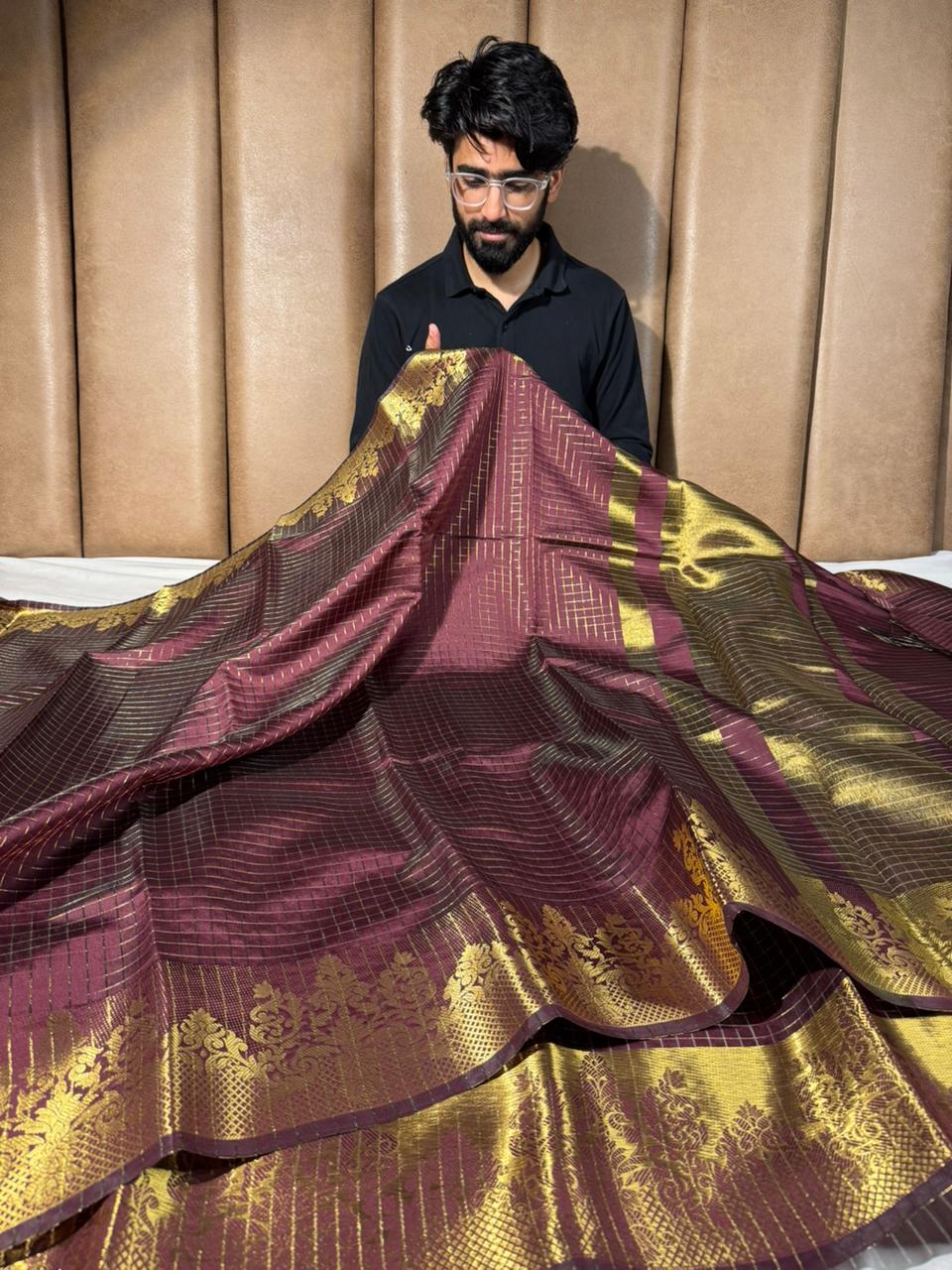 Rare wine checks Banarasi silk saree