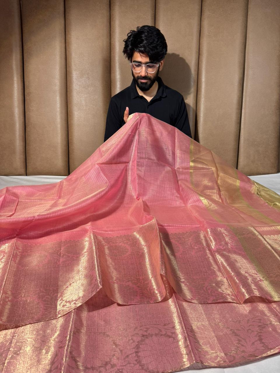 Light pink Kota cotton checks Banarasi saree
