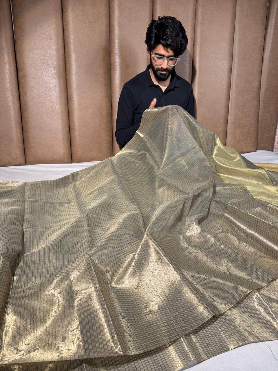Ash grey Kota checks weave Banarasi saree