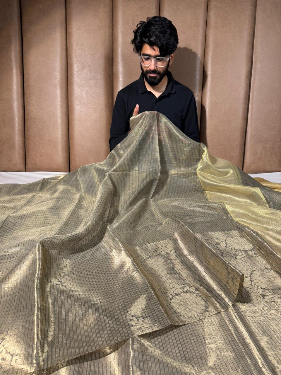 Ash grey Kota checks weave Banarasi saree