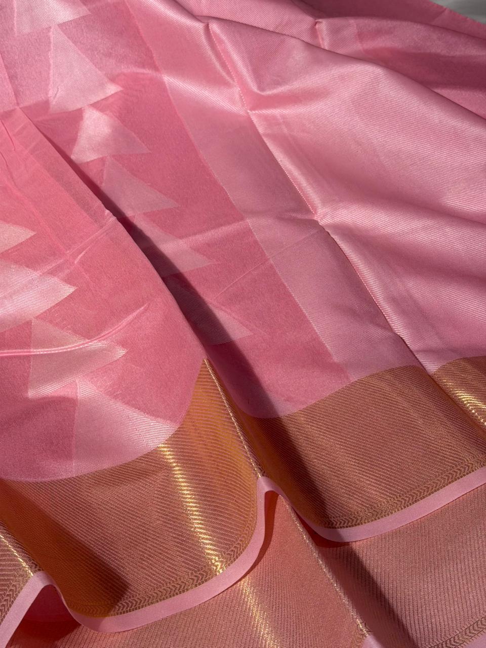 Baby Pink Temple Buta Soft Cotton Banarasi Saree