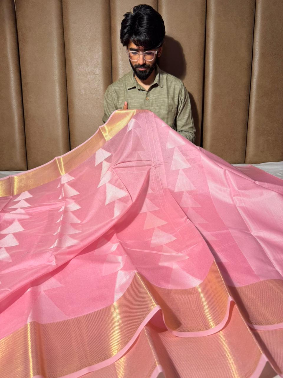 Baby Pink Temple Buta Soft Cotton Banarasi Saree
