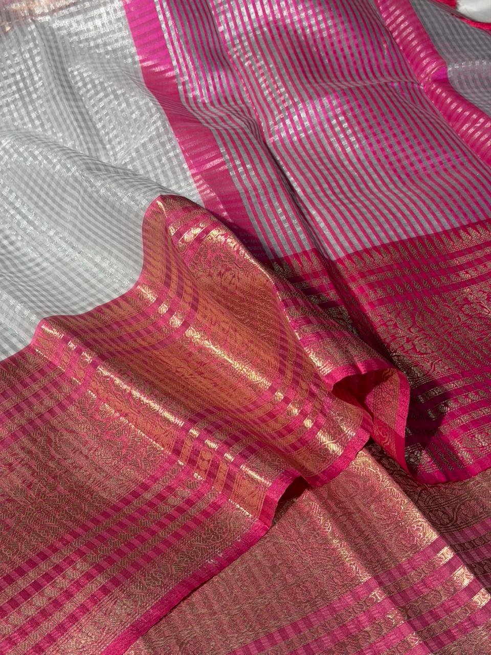 Silver Zari Checks Weave Tissue Banarasi Saree