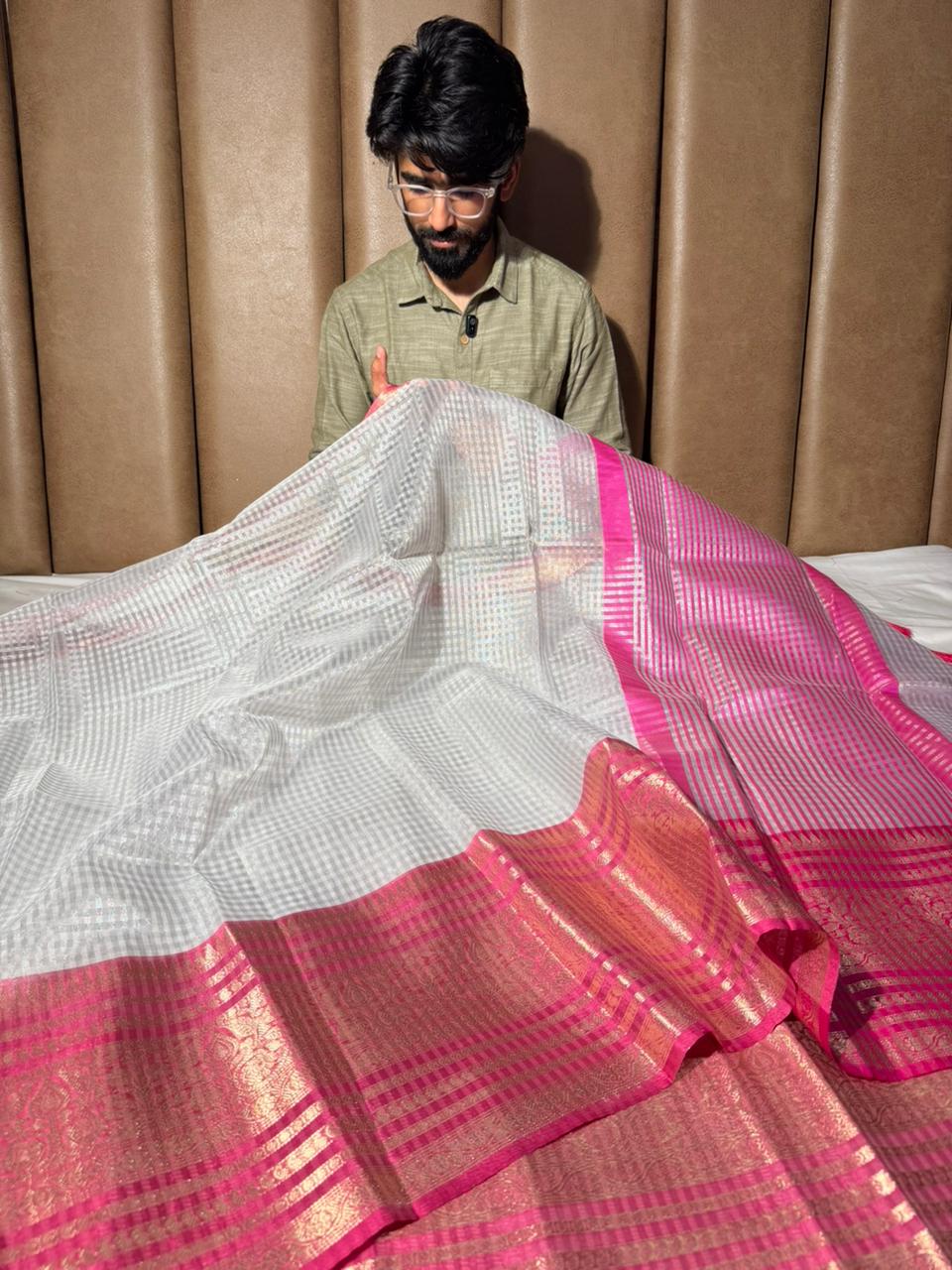 Silver Zari Checks Weave Tissue Banarasi Saree