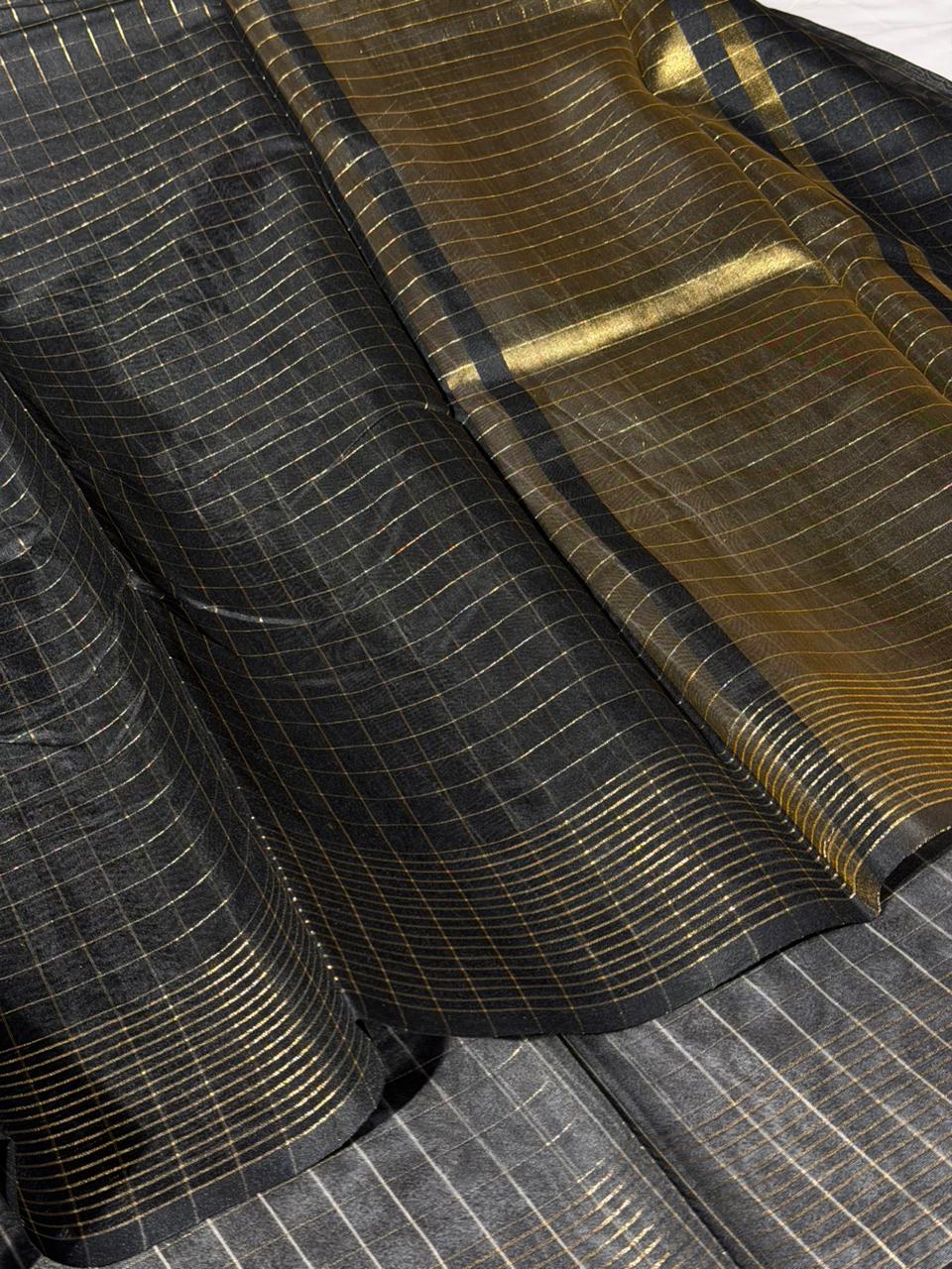 Jet Black Checks Weave Soft Cotton Saree