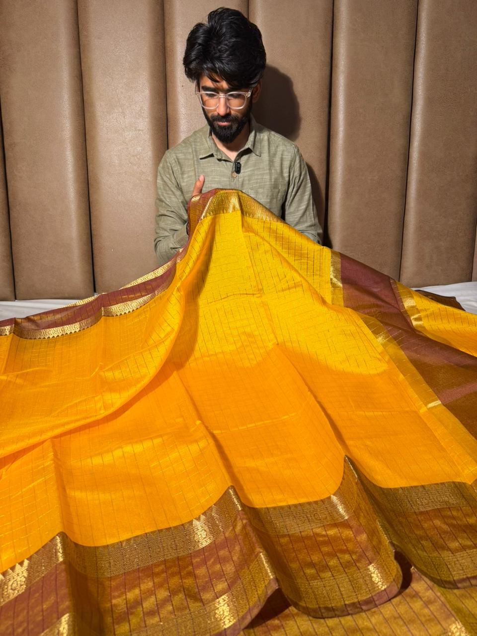 Bright Yellow Checks Weave Softsilk Banarasi Saree
