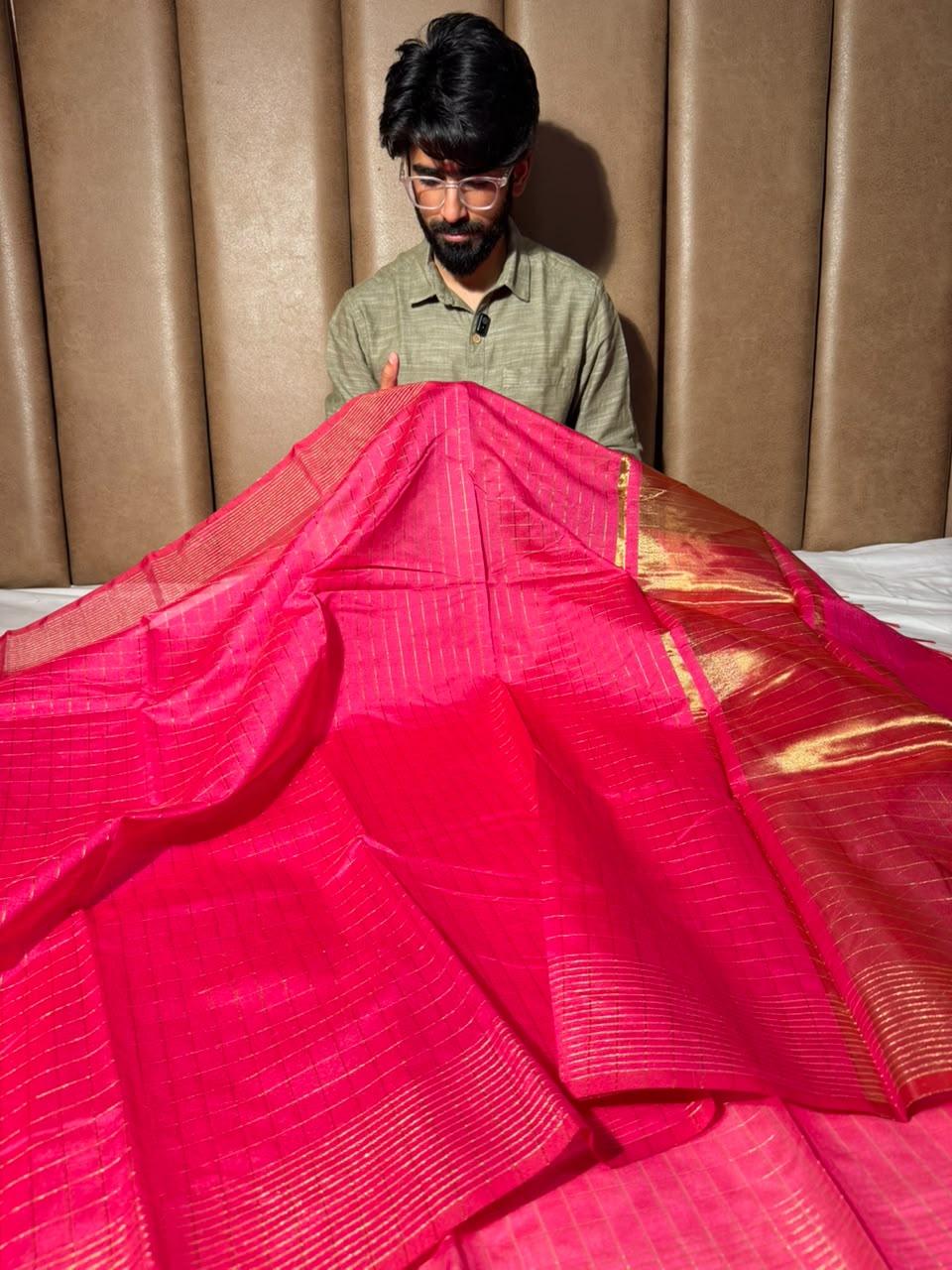 Rani Pink Checks Weave Softsilk Saree