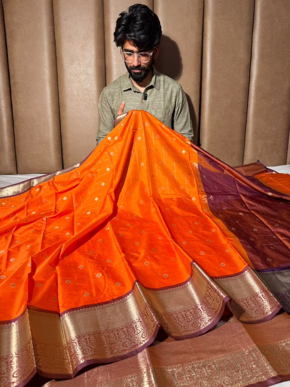 Bright Orange Checks Buti Softsilk Banarasi Saree