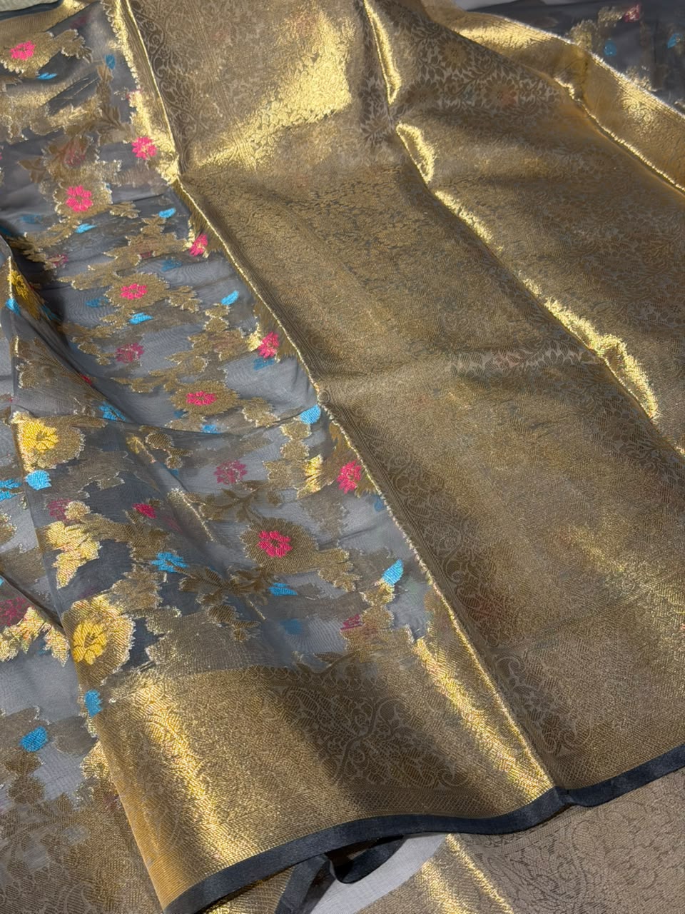 Ash Grey Organza Floral Banarasi Saree