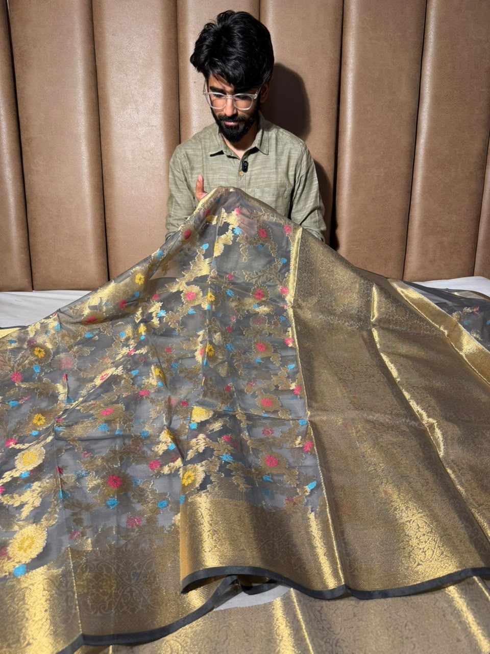 Ash Grey Organza Floral Banarasi Saree
