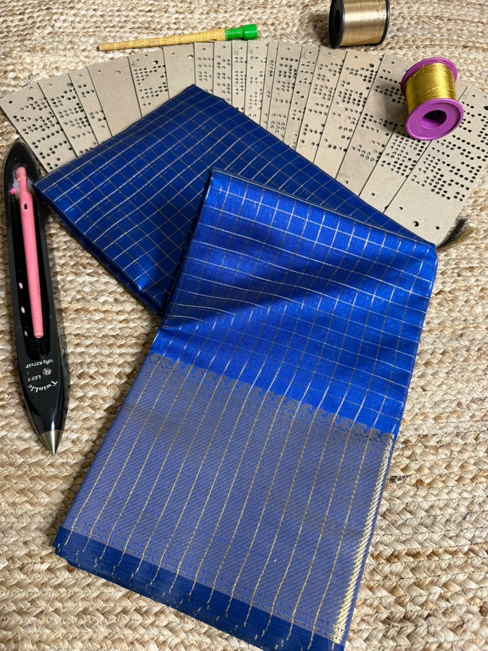 Royal blue checks weave cotton Banarasi saree