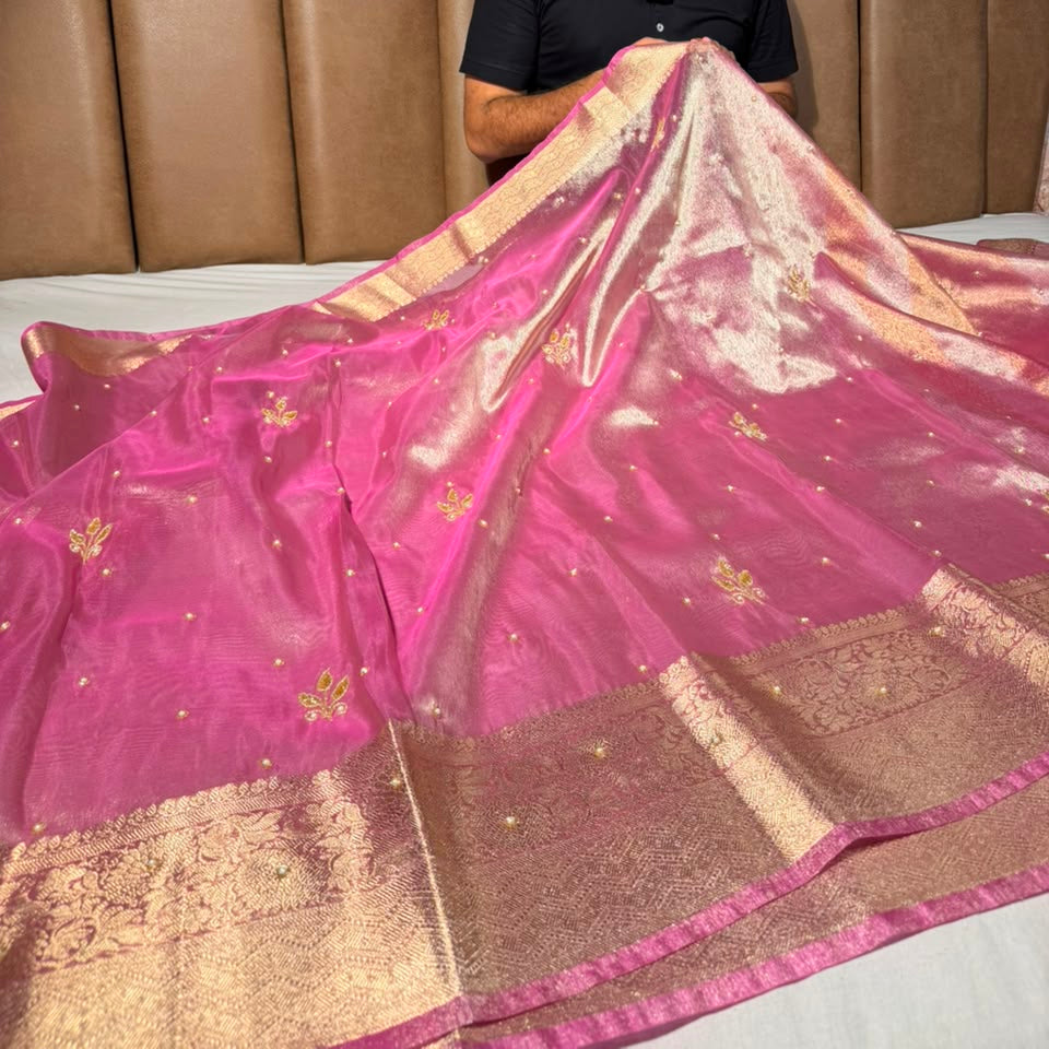 Barbie Pink Kora Tissue Handwork Banarasi Saree