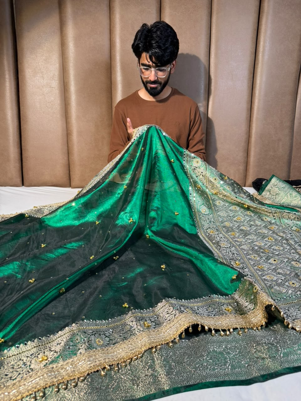Metallic Green Kora Tissue Viral Ghungroo Saree