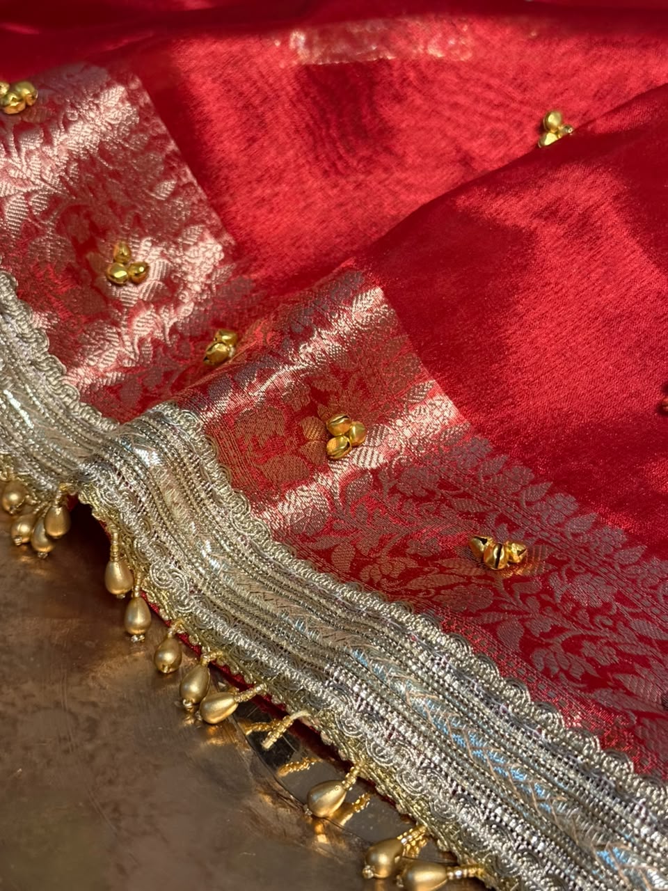 Metallic Red Kora Tissue Viral Ghungroo Saree