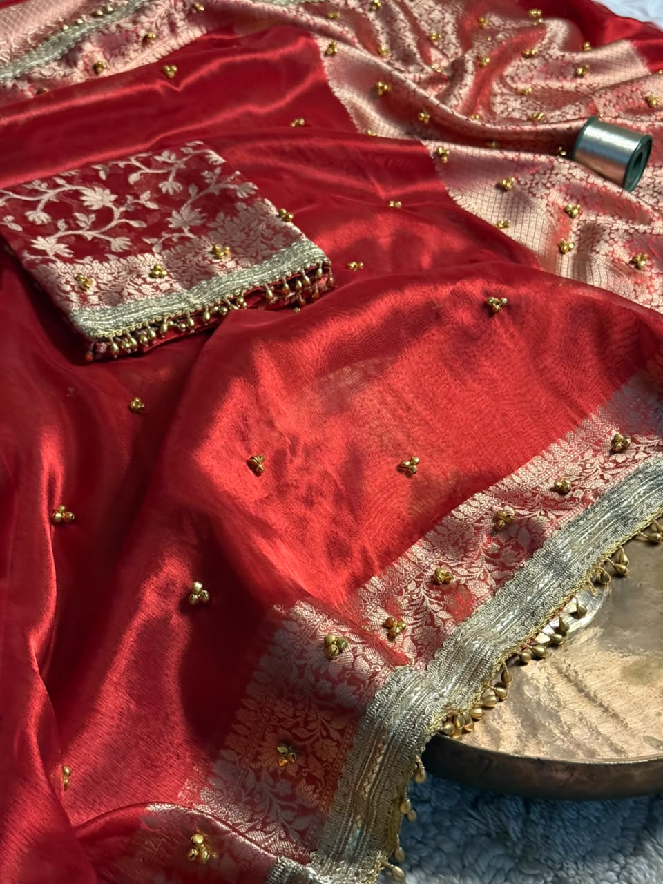 Metallic Red Kora Tissue Viral Ghungroo Saree