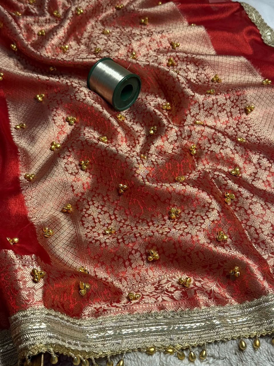 Metallic Red Kora Tissue Viral Ghungroo Saree