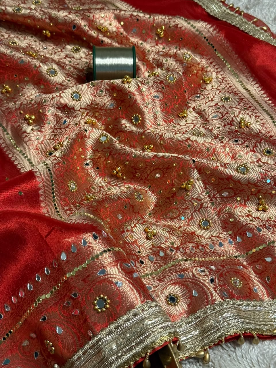 Carmine Red Kora Tissue Viral Ghungroo Saree
