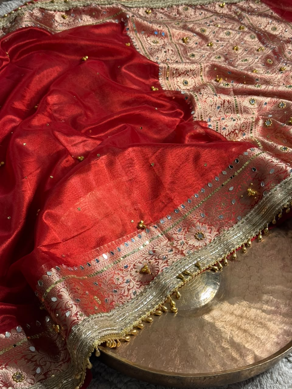 Carmine Red Kora Tissue Viral Ghungroo Saree