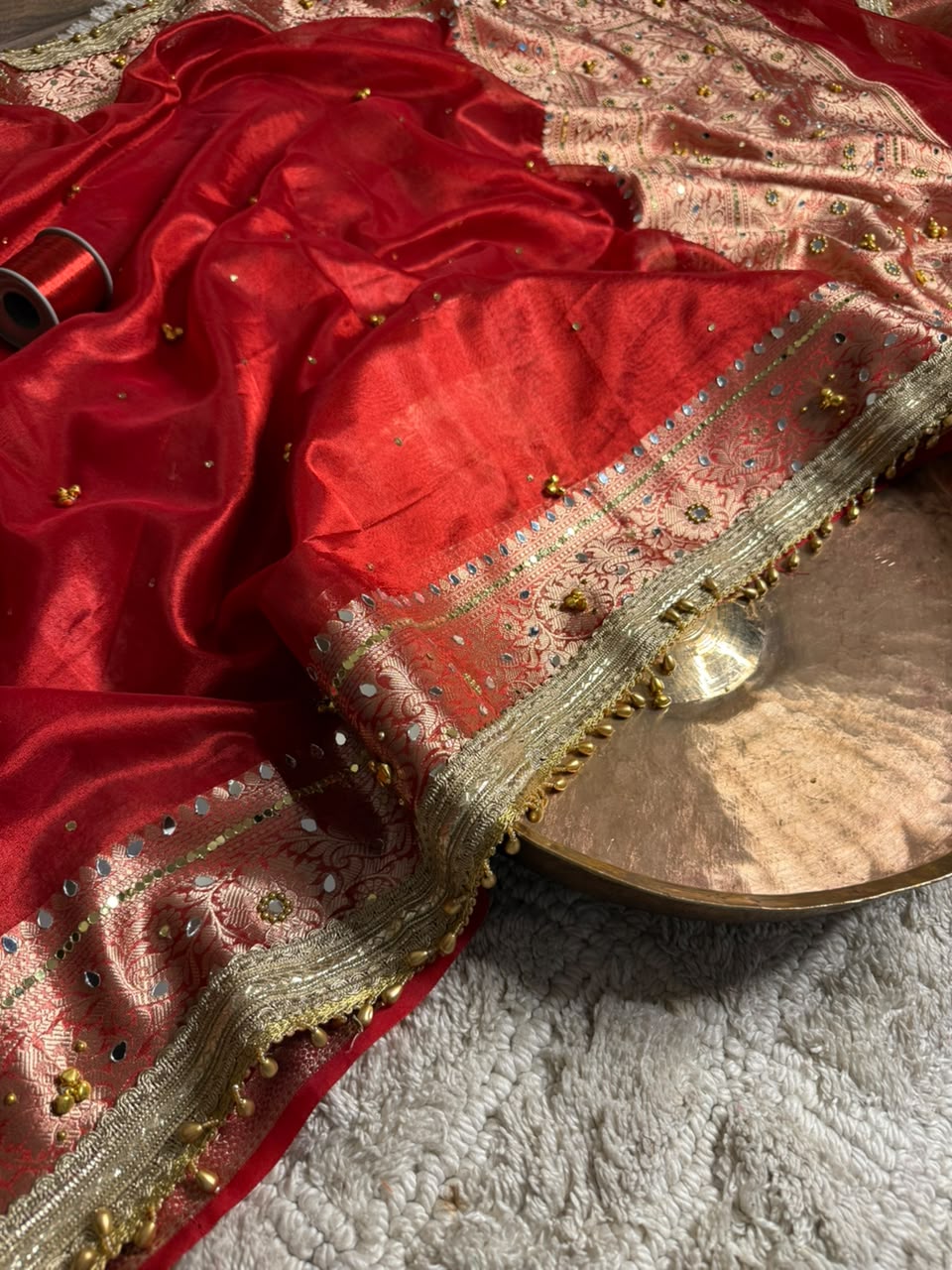 Carmine Red Kora Tissue Viral Ghungroo Saree