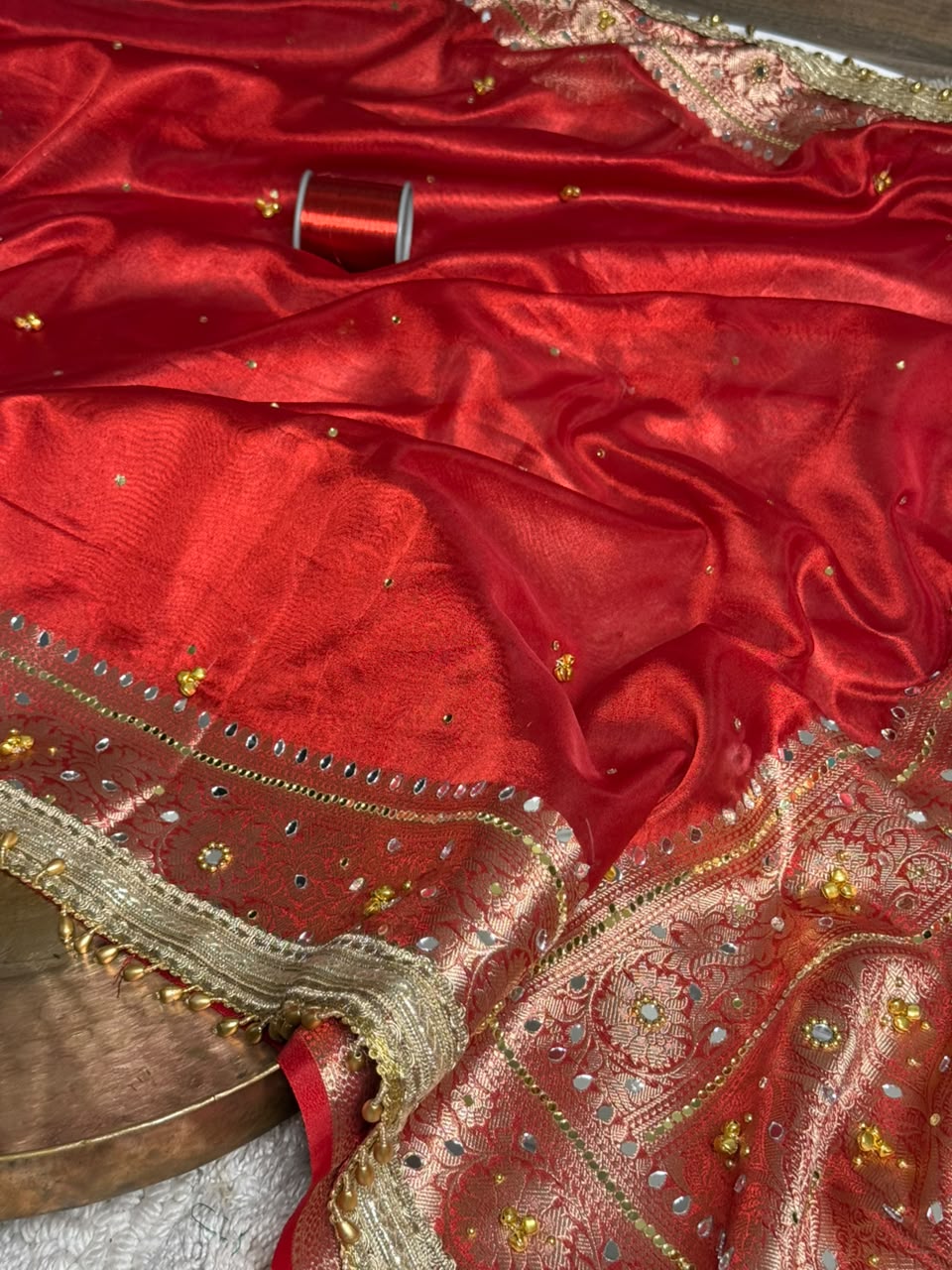 Carmine Red Kora Tissue Viral Ghungroo Saree