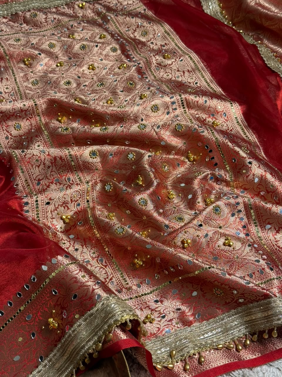Carmine Red Kora Tissue Viral Ghungroo Saree