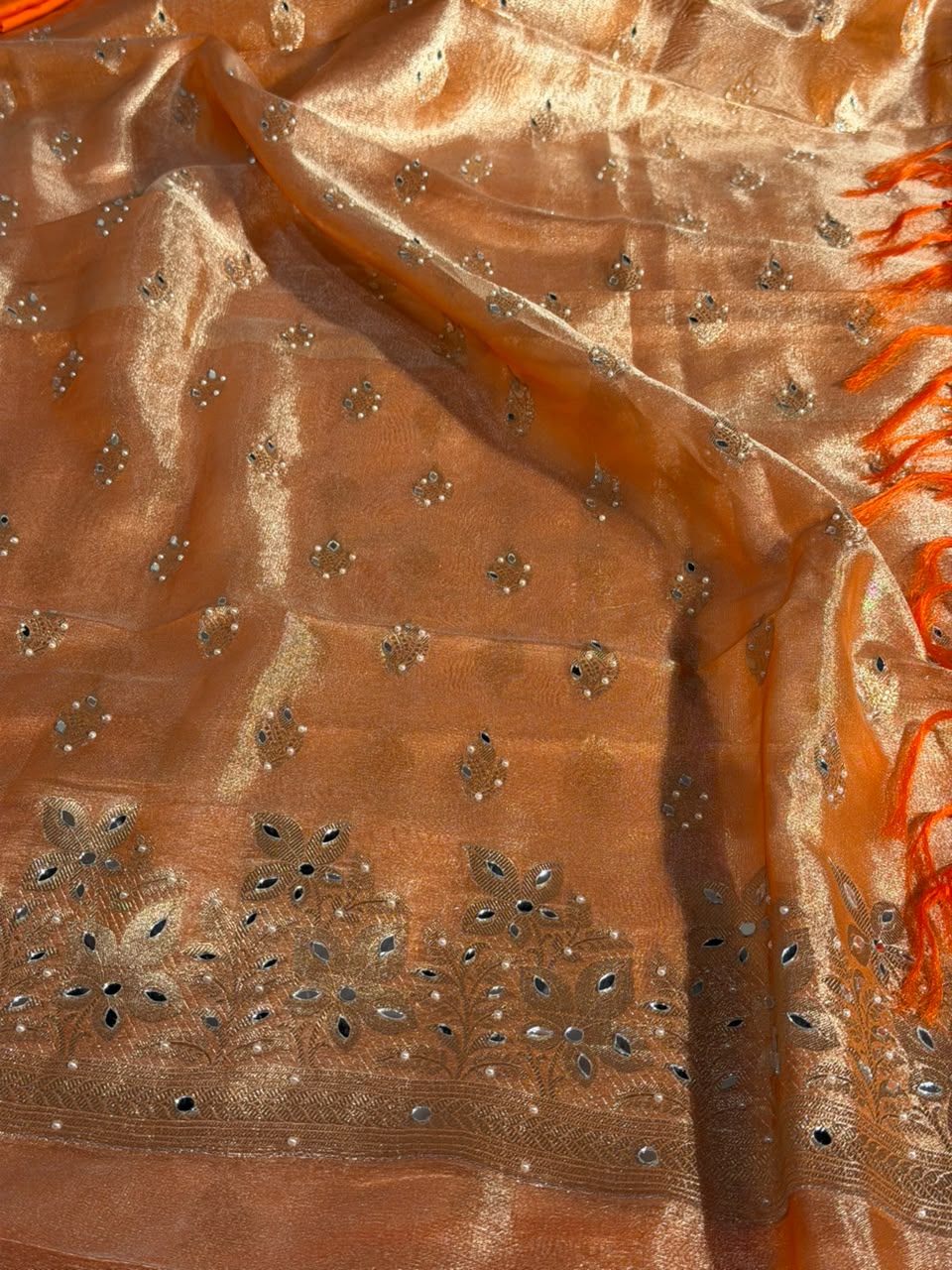 Metallic Orange Kora Tissue Mirror Work Suit Set