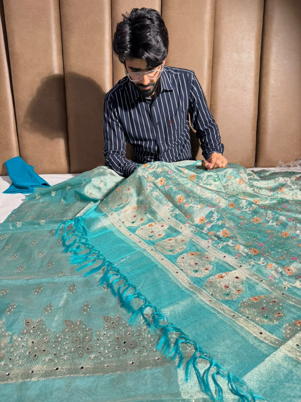 Sea Green Kora Tissue Mirror Work Suit Set
