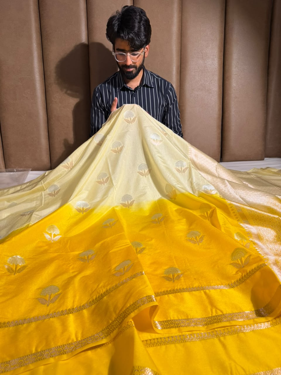 Cream Yellow Soft Chinia Silk Jacquard Banarasi Saree