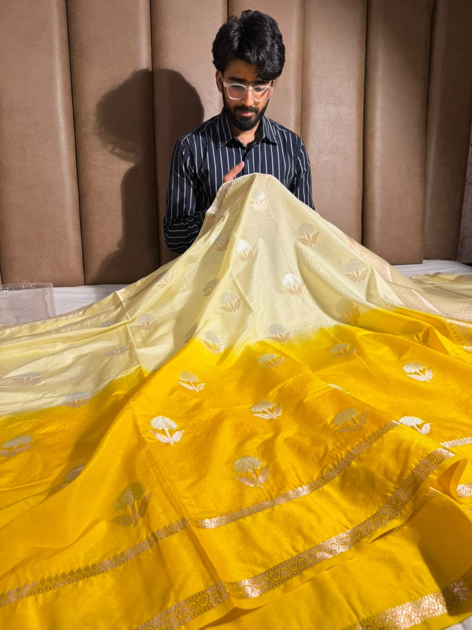Cream Yellow Soft Chinia Silk Jacquard Banarasi Saree