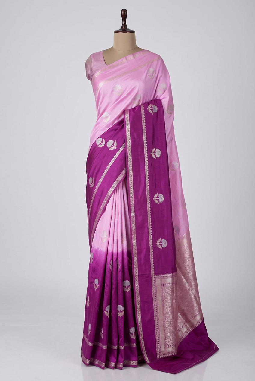 Pink Purple Soft Chinia Silk Jacquard Banarasi Saree
