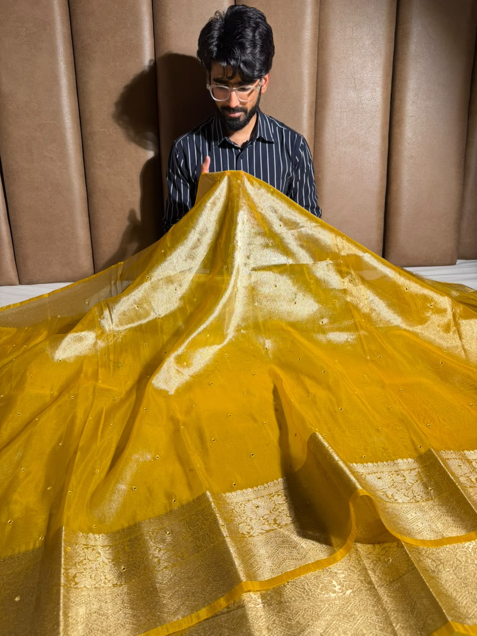 Metallic Yellow Shade Kora Tissue Mirror Work saree