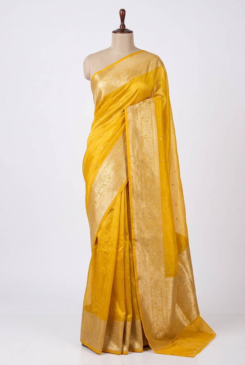 Metallic Yellow Shade Kora Tissue Mirror Work saree