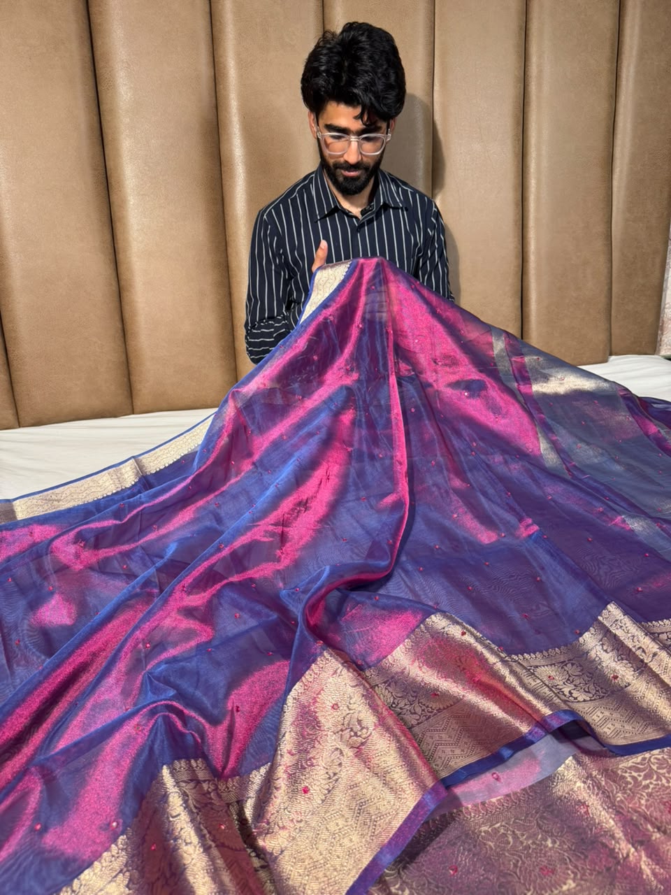 Rare Baigani Shade Kora Tissue Mirror Work saree
