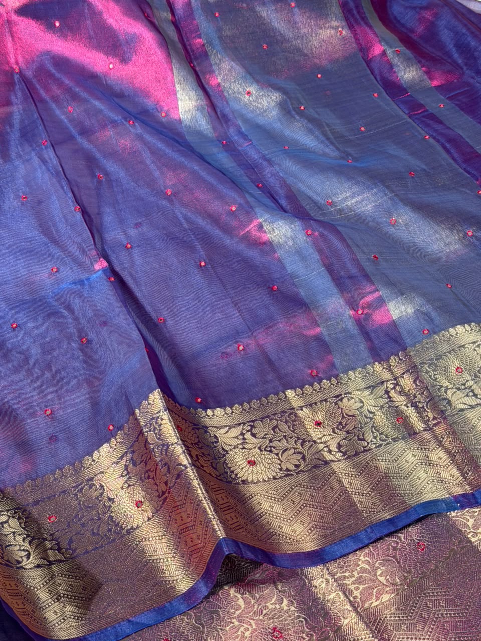Rare Baigani Shade Kora Tissue Mirror Work saree