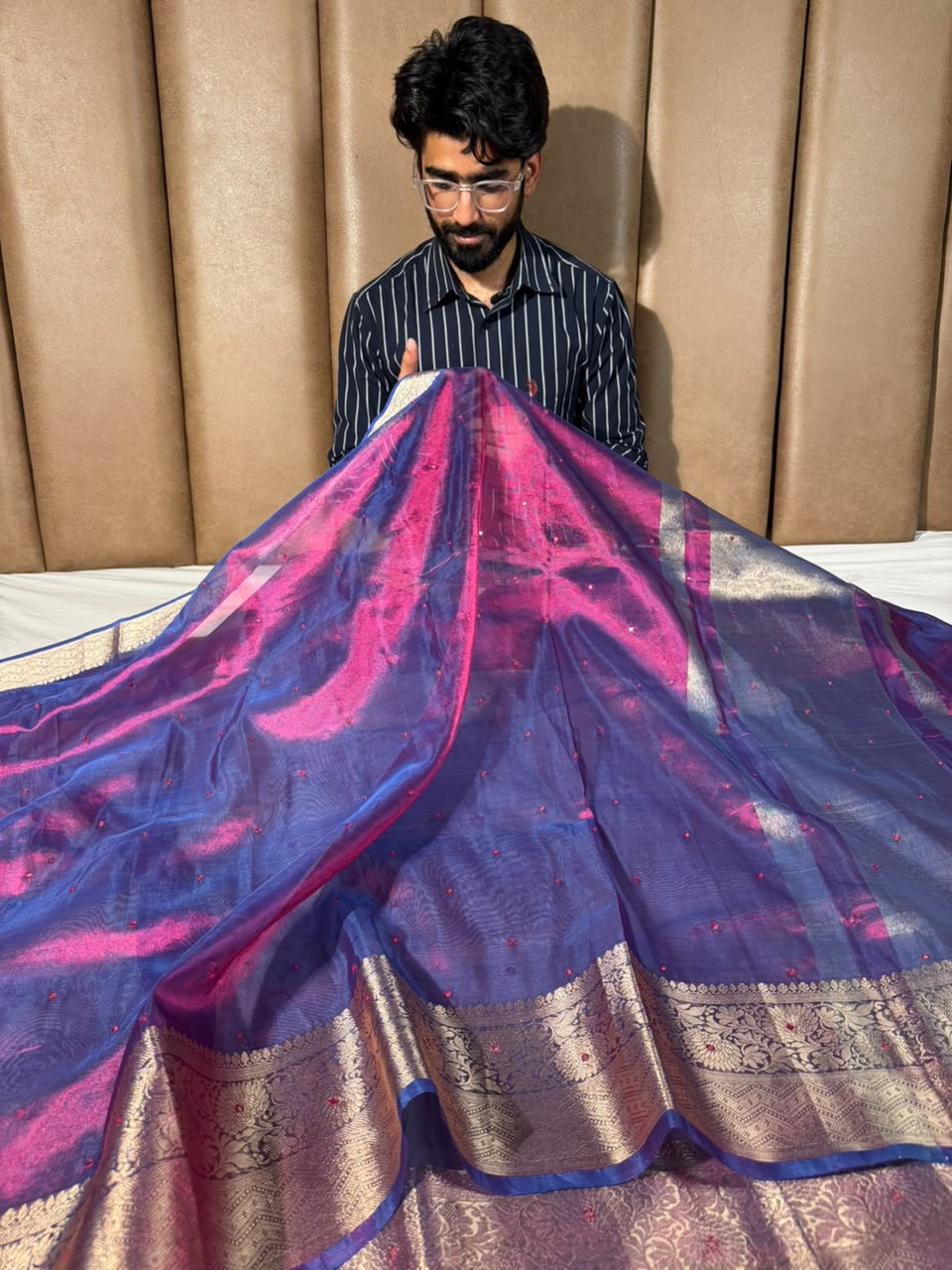 Rare Baigani Shade Kora Tissue Mirror Work saree
