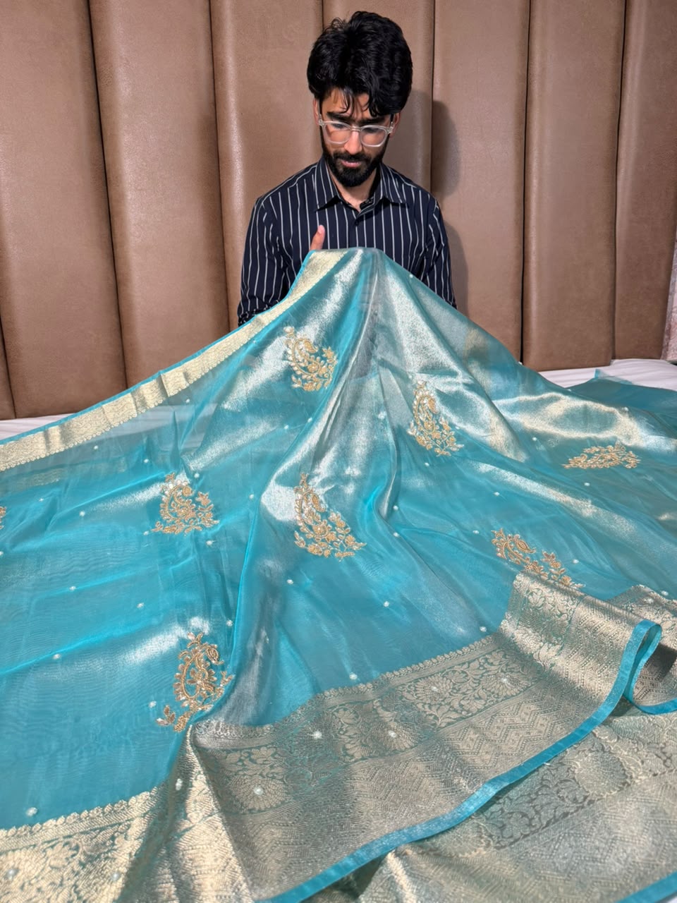 Sea Green Kora Tissue Handwork Banarasi Saree