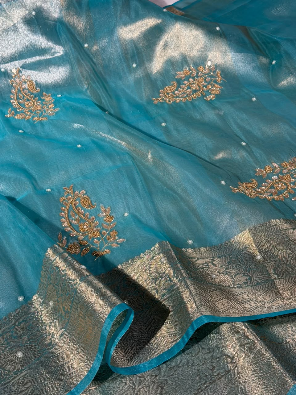 Sea Green Kora Tissue Handwork Banarasi Saree