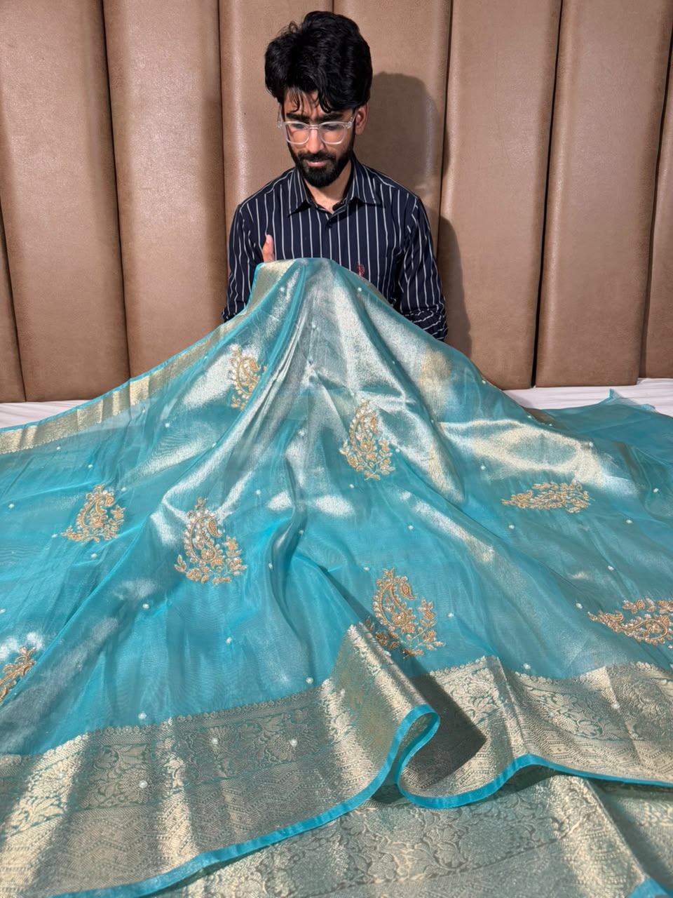Sea Green Kora Tissue Handwork Banarasi Saree