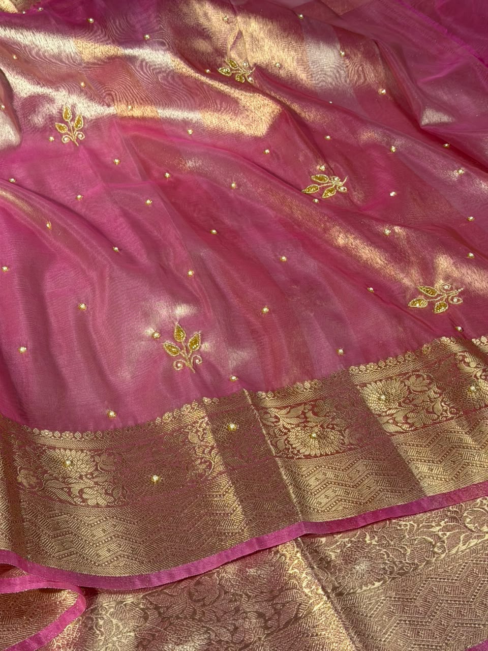 Barbie Pink Kora Tissue Handwork Banarasi Saree